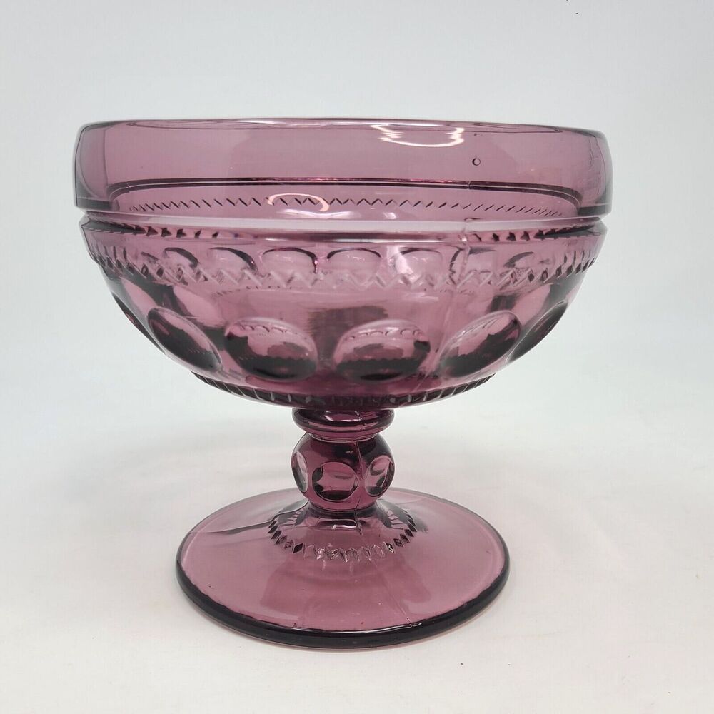 Tiffin Glass Kings Crown Footed Compote Plum Purple 6 x 5 3/4 VTG Glass MCM